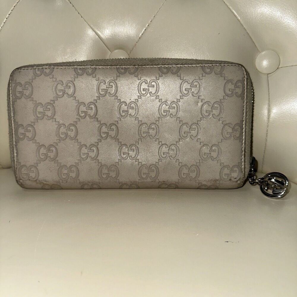 Authentic GUCCI Cream Leather Canvas Zippy Credit Card Long Wallet 3D Zip Pull